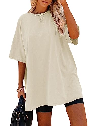 Sofia's Choice Damen Oversize Kurzarm T Shirt Rundhals Loose Top Casual Sommer Oberteile Beige L von Sofia's Choice