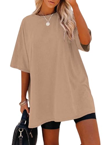 Sofia's Choice Damen Oversize Kurzarm T Shirt Rundhals Loose Top Casual Sommer Oberteile Khaki L von Sofia's Choice