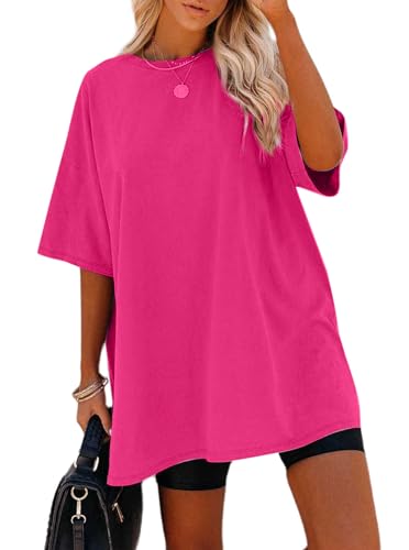 Sofia's Choice Damen Oversize Kurzarm T Shirt Rundhals Loose Top Casual Sommer Oberteile Rosa Rot L von Sofia's Choice