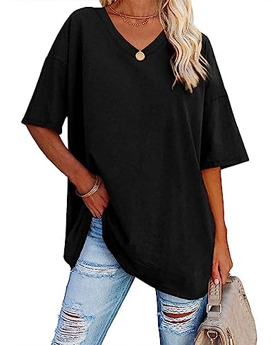 Sofia's Choice Damen Oversize Kurzarm T Shirt V Ausschnitt Sommer Top Casual Oberteile Schwarz XXL von Sofia's Choice