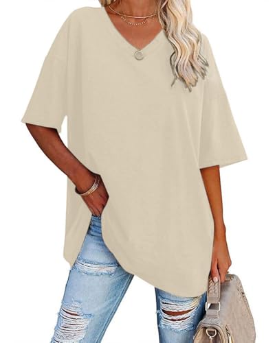 Sofia's Choice Damen Oversize Kurzarm T Shirt V Ausschnitt Sommer Top Casual Oberteile Beige L von Sofia's Choice