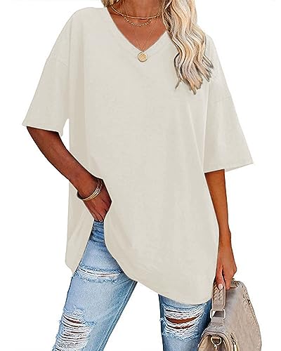 Sofia's Choice Damen Oversize Kurzarm T Shirt V Ausschnitt Sommer Top Casual Oberteile Beige S von Sofia's Choice