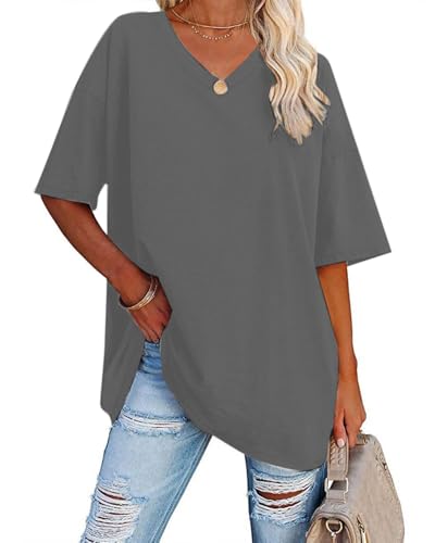 Sofia's Choice Damen Oversize Kurzarm T Shirt V Ausschnitt Sommer Top Casual Oberteile Grau L von Sofia's Choice