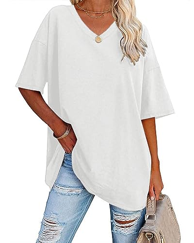 Sofia's Choice Damen Oversize Kurzarm T Shirt V Ausschnitt Sommer Top Casual Oberteile White L von Sofia's Choice