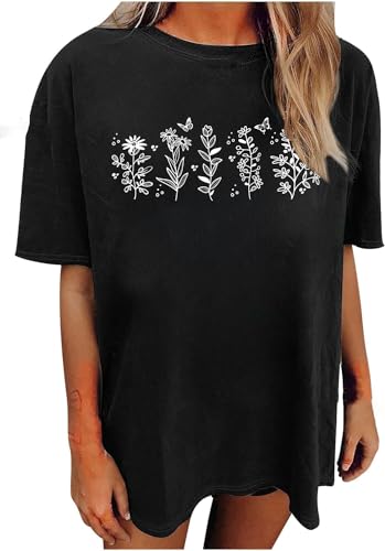 Sofia's Choice Damen Oversize Kurzarm T Shirt mit Blumen Rundhals Sommer Locker Top Grau L von Sofia's Choice