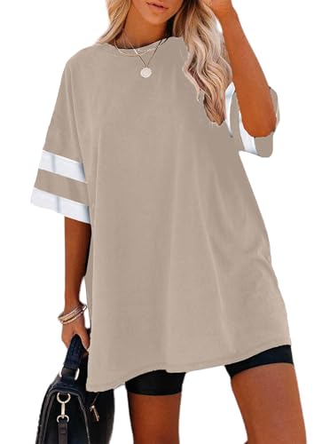 Sofia's Choice Damen Oversize Kurzarm T Shirt mit Farbblock Sommer Rundhals Lockeres Top Aprikose XL von Sofia's Choice