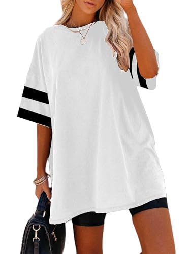 Sofia's Choice Damen Oversize Kurzarm T Shirt mit Farbblock Sommer Rundhals Lockeres Top Weiß L von Sofia's Choice
