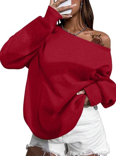 Sofia's Choice Damen Oversize One Shoulder Sweatshirt Langarm Schulterfreies Oberteil Rot L von Sofia's Choice