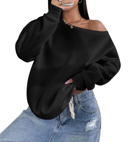 Sofia's Choice Damen Oversize One Shoulder Sweatshirt Langarm Schulterfreies Oberteil Schwarz S von Sofia's Choice