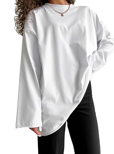 Sofia's Choice Damen Oversize Rundhals Langarm T Shirt Basic Top Lockeres Casual Oberteile Weiß M von Sofia's Choice