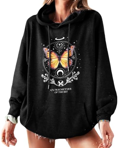 Sofia's Choice Damen Oversize Kordelzug Kapuzenpullover Schmetterlings Sweatshirt Casual Hoodie Schwarz M von Sofia's Choice