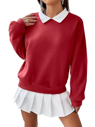 Sofia's Choice Damen Oversize Sweatshirt mit Kragen Pullover Langarm Top Locker Oberteile Rot L von Sofia's Choice