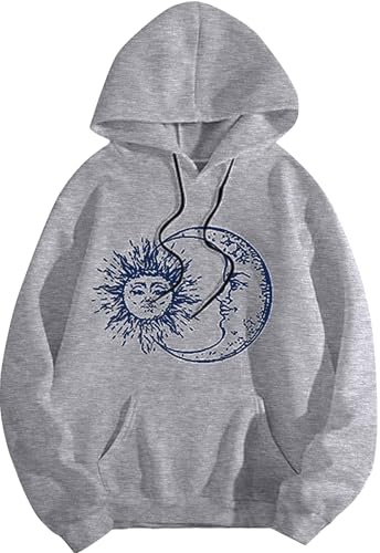 Sofia's Choice Damen Oversized Sonne und Mond Grafik Hoodies Lange Ärmel Pullover Tasche Sweatshirt Grau XL von Sofia's Choice