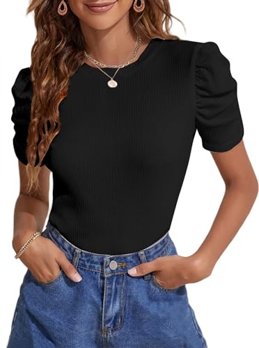 Sofia's Choice Damen Puffärmeln Kurzarm Oberteil Rundhals Geripptes T Shirt Elegant Top Schwarz L von Sofia's Choice