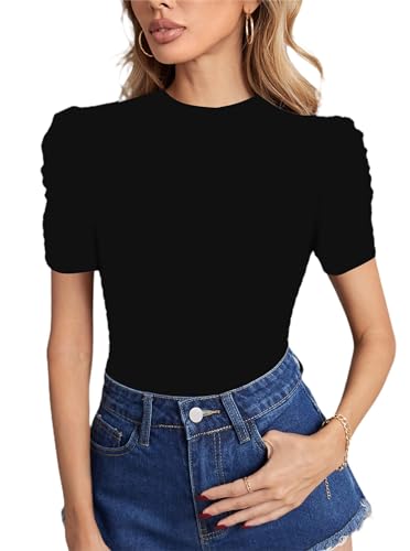 Sofia's Choice Damen Puffärmeln Kurzarm Oberteil mit Rundhalsausschnitt Geripptes T Shirt Top Black L von Sofia's Choice