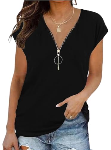 Sofia's Choice Damen V Ausschnitt Reißverschluss Kurzarm Oberteil Sommer Casual T Shirt Schwarz S von Sofia's Choice