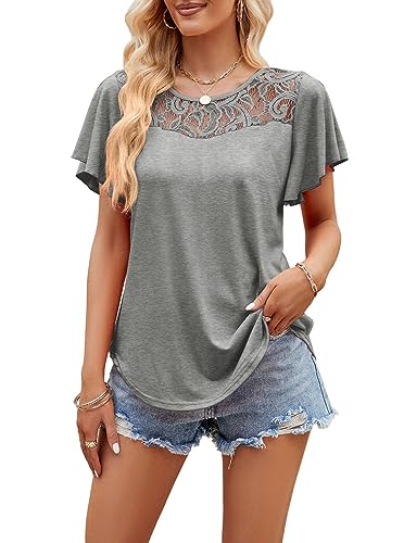 Sofia's Choice Damen Rüschen Kurzarm T Shirt mit Spitzen Sommer Sexy Oberteil Lockeres Top Grau XXL von Sofia's Choice