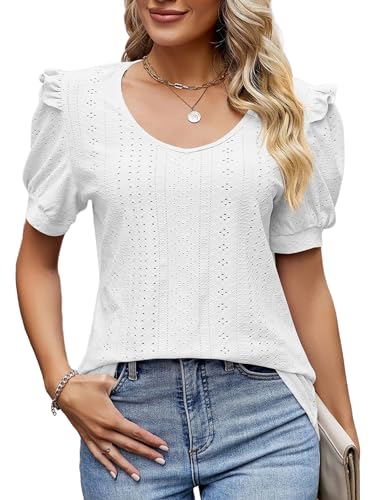 Sofia's Choice Damen Rundhals Puffärmeln Kurzarm Oberteil Öse Bluse Top Elegante Shirt Weiß M von Sofia's Choice