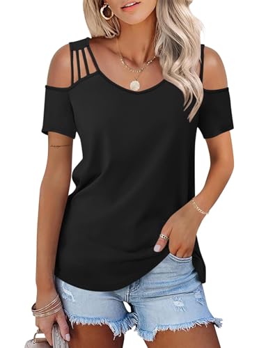 Sofia's Choice Damen Schulterfrei Kurzarm T Shirt V Ausschnitt mit Trägern Sommer Sexy Oberteil Schwarz XL1 Sofia's Choice Damen Schulterfrei Kurzarm T Shirt V Ausschnitt mit Trägern Sommer Sexy Oberteil Schwarz XL1 von Sofia's Choice