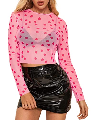 Sofia's Choice Damen Sexy Herz Crop Top Oberteile Rundhals Mesh Sheer Langarm T Shirt Top Rosa L von Sofia's Choice