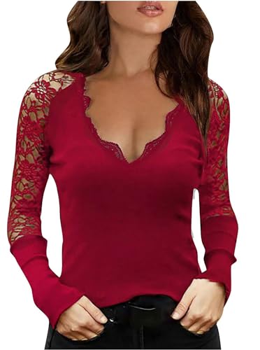 Sofia's Choice Damen Spitzen Langarm Oberteil Sexy Tiefe V Ausschnitt T Shirt Top Rot M von Sofia's Choice