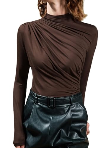 Sofia's Choice Damen Stehkragen Langarm Top Falten Elegante T Shirt Slim Fit Oberteil Braun M von Sofia's Choice