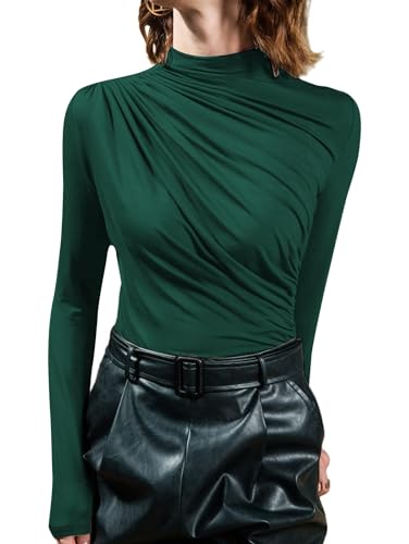 Sofia's Choice Damen Stehkragen Langarm Top Falten Elegante T Shirt Slim Fit Oberteil Grün XL von Sofia's Choice
