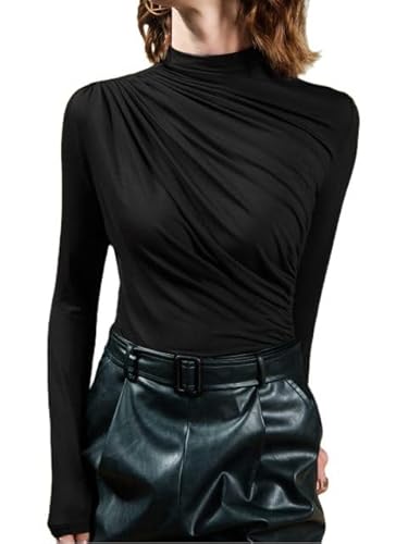 Sofia's Choice Damen Stehkragen Langarm Top Falten Elegante T Shirt Slim Fit Oberteil Schwarz L1 von Sofia's Choice