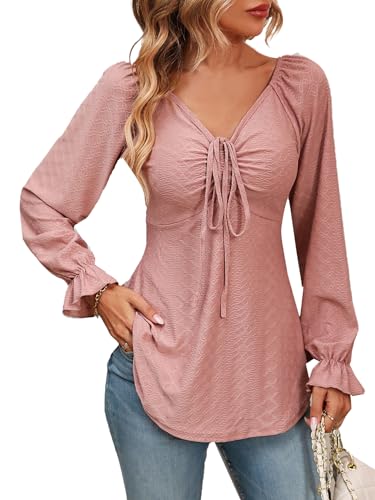 Sofia's Choice Damen Tunika V Ausschnitt Rüschen Langarmshirt Kordelzug Front Oberteil Light Pink L von Sofia's Choice