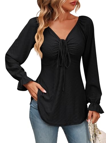 Sofia's Choice Damen Tunika V Ausschnitt Rüschen Langarmshirt Kordelzug Front Oberteil Schwarz M von Sofia's Choice