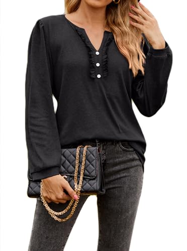 Sofia's Choice Damen V Ausschnitt Button Langarm Top Solid Elegant T Shirt Oberteil Schwarz L von Sofia's Choice