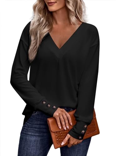 Sofia's Choice Damen V Ausschnitt Knopf Langarm T Shirt Elegant Top Locker Oberteil Schwarz S von Sofia's Choice