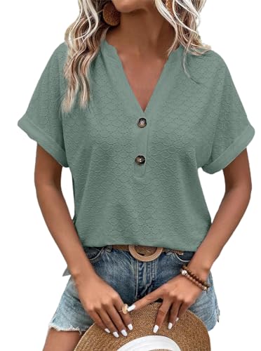 Sofia's Choice Damen V Ausschnitt Kurzarm Knopf Top Sommer Lockeres Oberteil Casual T Shirt Grün S von Sofia's Choice