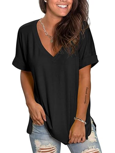 Sofia's Choice Damen V Ausschnitt Kurzarm T Shirt Sommer Locker Top Casual Oberteile Schwarz S von Sofia's Choice