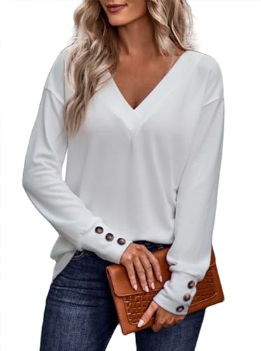 Sofia's Choice Damen V Ausschnitt Knopf Langarm T Shirt Elegant Top Locker Oberteil White S von Sofia's Choice
