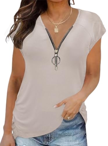 Sofia's Choice Damen V Ausschnitt Reißverschluss Kurzarm Oberteil Sommer Casual T Shirt Aprikose L von Sofia's Choice