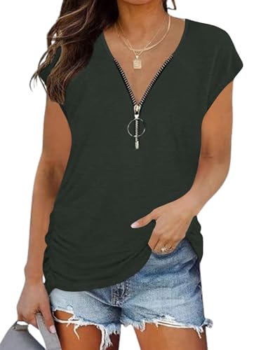 Sofia's Choice Damen V Ausschnitt Reißverschluss Kurzarm Oberteil Sommer Casual T Shirt Grün L von Sofia's Choice