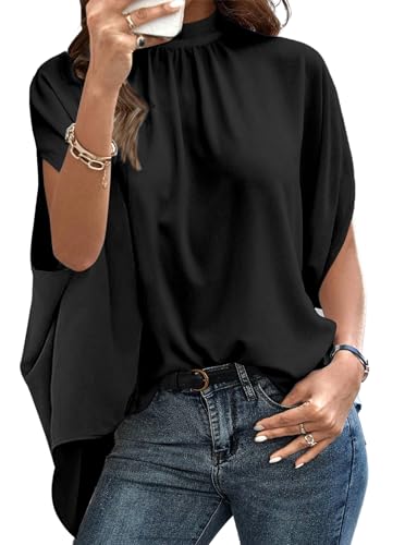 Sofia's Choice Frauen Elegante Chiffon Blusen Loose Fit Half Sleeve Mock Neck Bluse Tops Schwarz L von Sofia's Choice