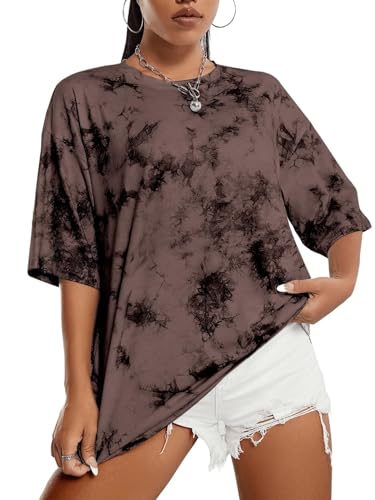 Sofia's Choice Damen Oversize Batik T Shirt Rundhals Kurzarm Top Sommer Locker Oberteile Braun S von Sofia's Choice