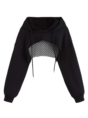 Sofia's Choice Mesh Super Cropped Hoodie Pullover Langärmliges Ziehkordel Sweatshirt Schwarz XL von Sofia's Choice
