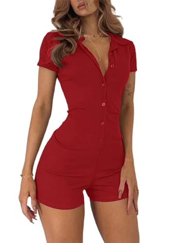 Sofia's Choice Rippstrick Jumpsuit Damen Sommer Kurz Eng mit Knopfleiste Vorne Strampler Mädchen Rot L von Sofia's Choice