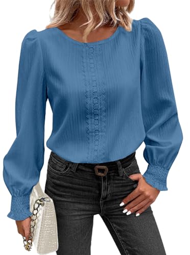 Sofia's Choice Rundhals Elegant Langarm Bluse Laternenärmel Top Oberteil mit Spitze Blau M von Sofia's Choice