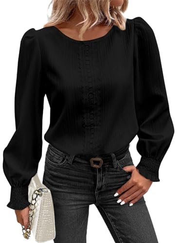 Sofia's Choice Rundhals Elegant Langarm Bluse Laternenärmel Top Oberteil mit Spitze Schwarz S von Sofia's Choice