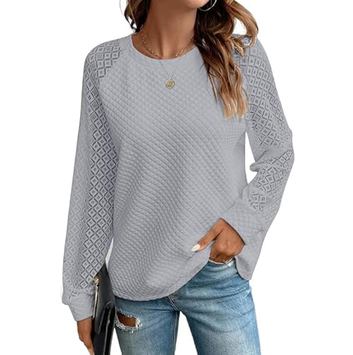 Sofia's Choice Spitzen Ärmel Oberteile Damen Rundhals Waffel Sweatshirt Lockere Langarm Top Grau L von Sofia's Choice