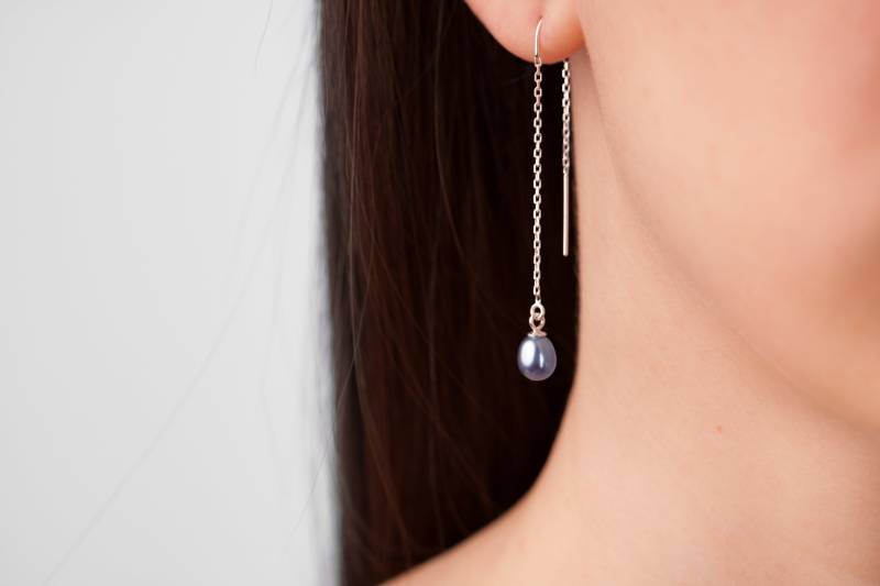 Schwarze Perle Ohrringe, Silber Threader Lange Kette Baumeln Tropfen Ohrring, Sterling von SofiaKovJewelry