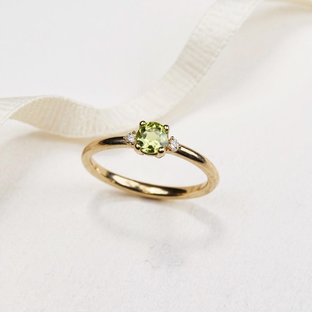 Gold Peridot Diamant Ring, Zierliche Oval Birthstone Stapelbare Band, Grüner Runder Edelstein Ring von SofiandAmiaJewellery