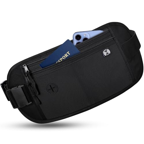 Sofore wasserdichte Hüfttasche für Damen und Herren, Flat Bum Bag mit RFID-Blockierungstechnologie, Die Diebstahlsichere Reisetasche Eignet Sich zum Transport von Pässen,Bargeld,Schwarz von Sofore