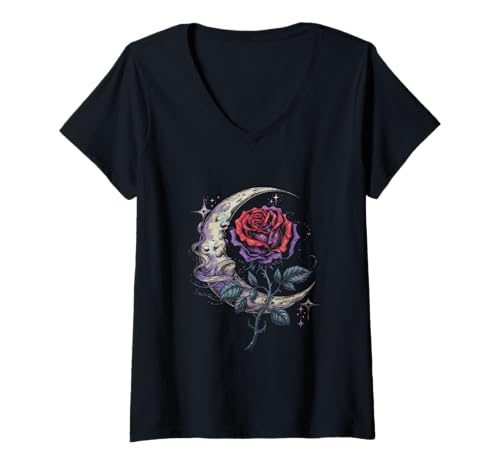 Damen Rose Moon E-Boy E-Girl Ästhetischer Grunge T-Shirt mit V-Ausschnitt Damen Rose Moon E-Boy E-Girl Ästhetischer Grunge T-Shirt mit V-Ausschnitt von Sofr Grunge Grunge Goth Gothic Witchcraft