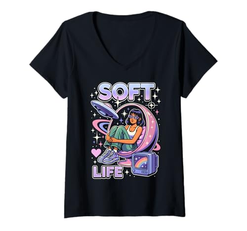 Damen Soft Life Aesthetic Y2K Vaporwave Space, für Mädchen, Pastell T-Shirt mit V-Ausschnitt Damen Soft Life Aesthetic Y2K Vaporwave Space, für Mädchen, Pastell T-Shirt mit V-Ausschnitt von Soft Life Pastelcore Vaporwave Y2K Retro Aesthetic