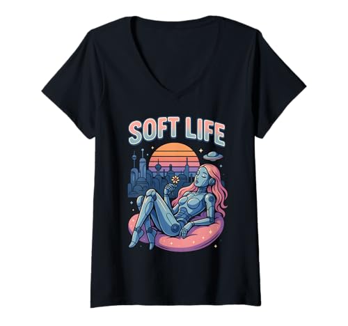 Damen Soft Life Robot Girl Retrofuture City Retro-Y2K-Ästhetik T-Shirt mit V-Ausschnitt Damen Soft Life Robot Girl Retrofuture City Retro-Y2K-Ästhetik T-Shirt mit V-Ausschnitt von Soft Life Y2K Vaporwave Retrofuturism Robot Art
